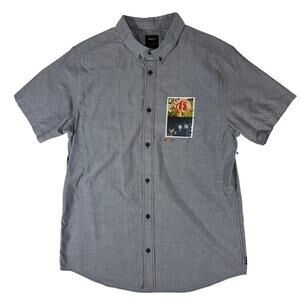 RVCA Men’s Large Gray Button Down Shirt Short Sleeve Rose Sky Graphic Casual